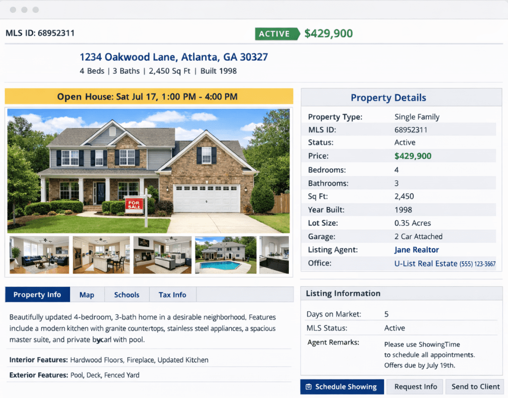 Flat fee MLS Georgia listing example showing property details and photos on MLS