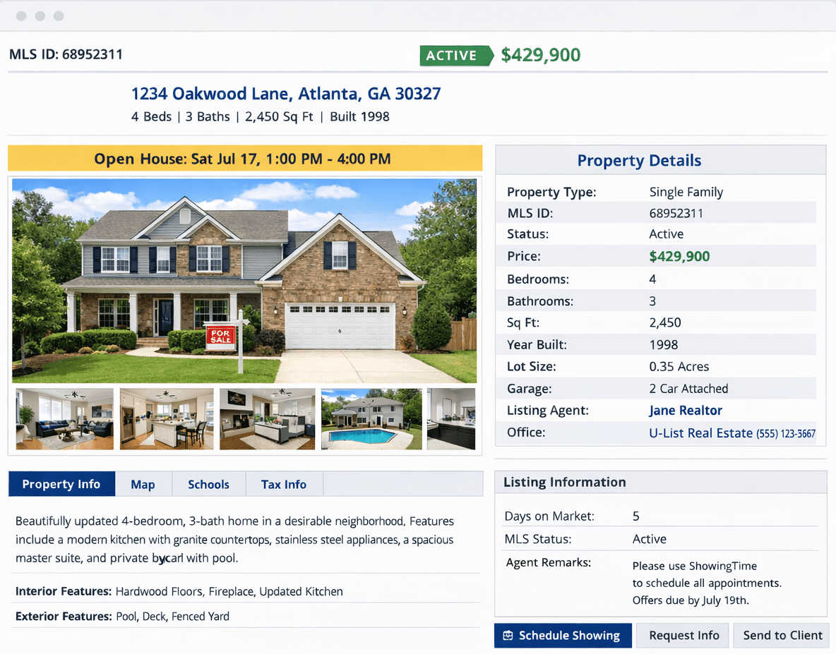 Flat fee MLS Georgia listing example showing property details and photos on MLS