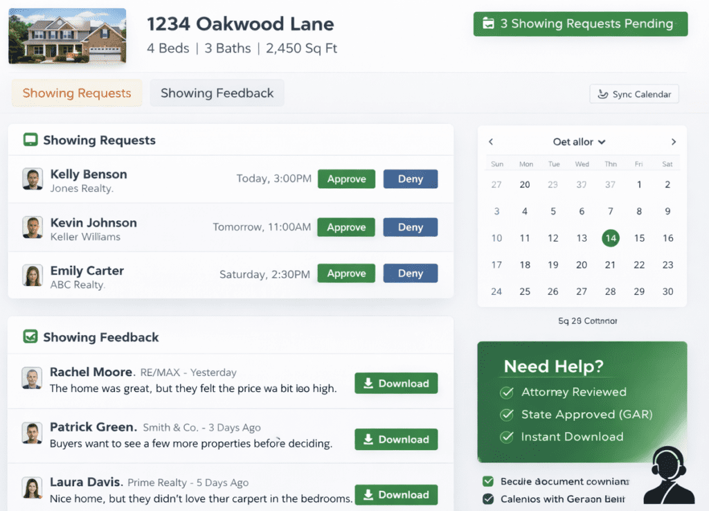 U-List Real Estate dashboard showing showing requests, showing feedback, and calendar scheduling