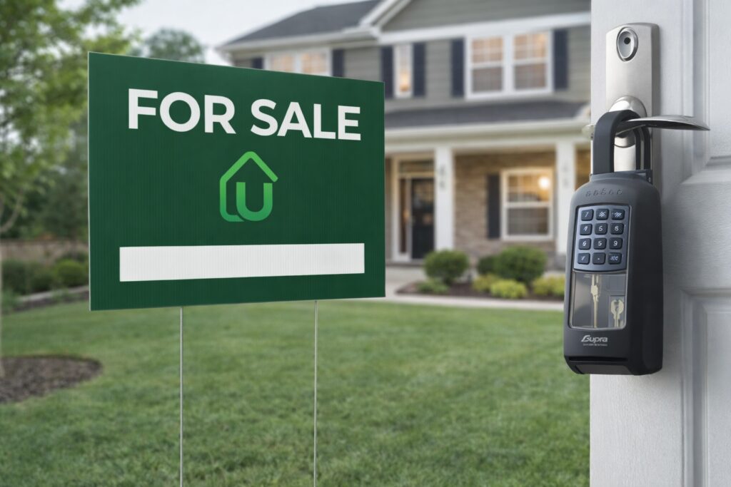 U-List Real Estate yard sign and smart lockbox for secure MLS home showings