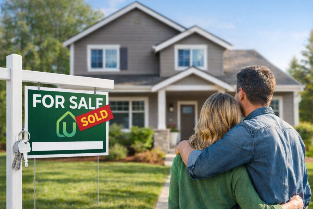 Happy homeowners standing outside sold home with U-List Real Estate flat fee MLS sign in Georgia